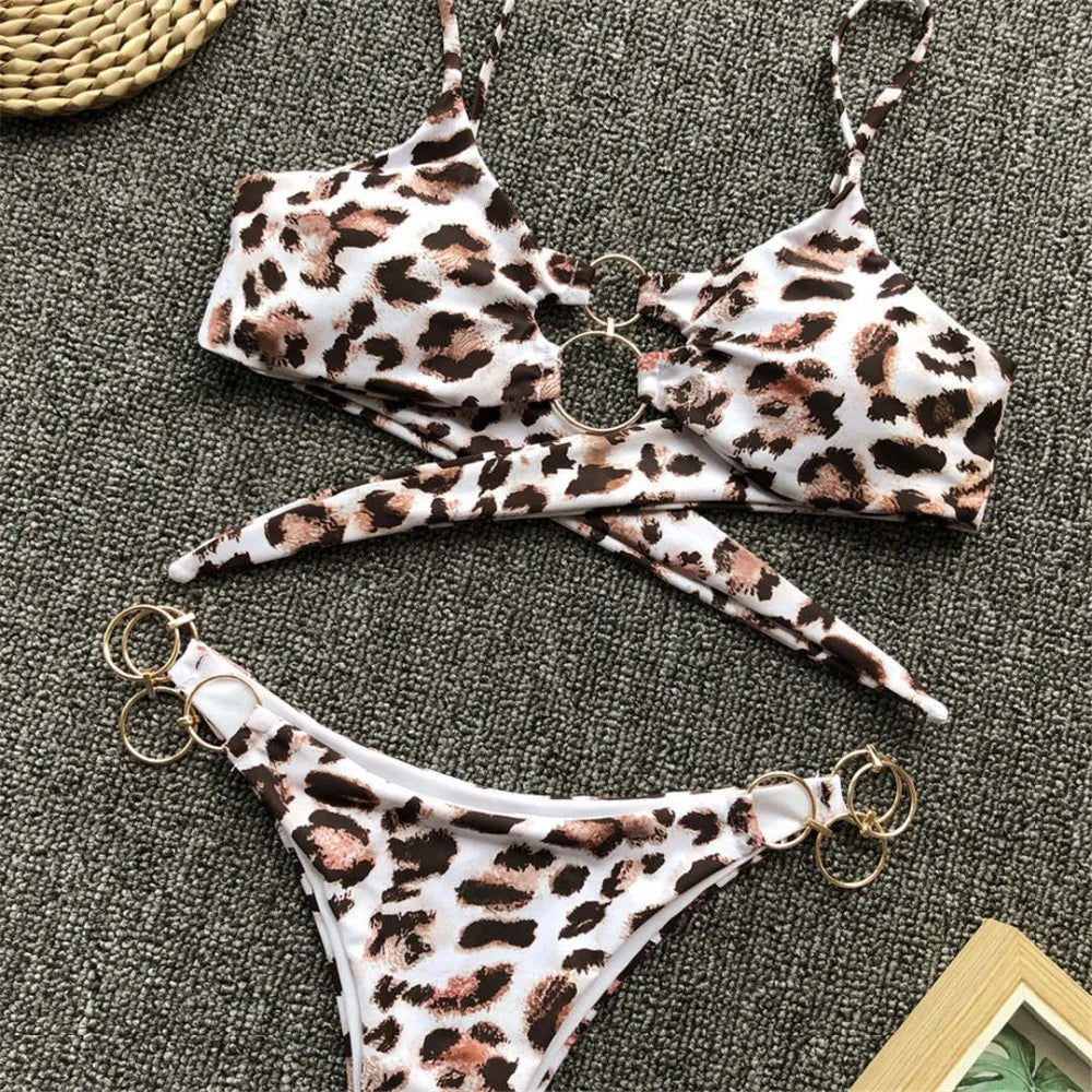 Sexy Metal Rings Leopard Brazilian Bikini Female Swimsuit Women Swimwear Two-piece Bikini set Bather Bathing Suit Swim V1441L