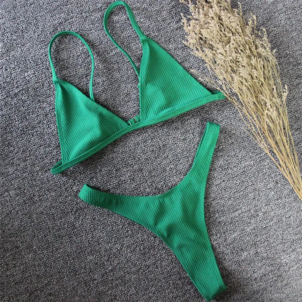 2 Pcs/Set Women Bikini Set Deep V Neck Padded Backless Adjustable Straps Quick Dry Swimming Three-point G-string Women Swimwear