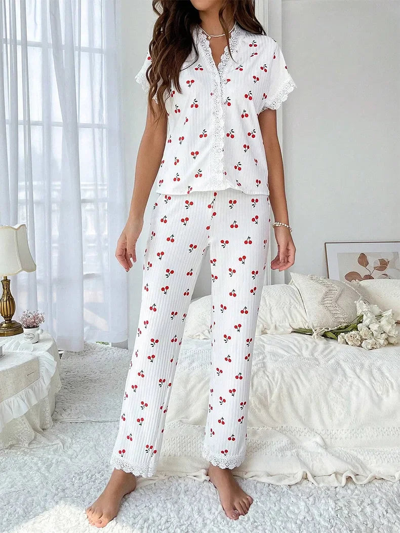 Women Sleepwear Black Lace Trim Cherry Print 2 Piece Pajamas Set Short Sleeve Top & Full-Length Pants Homewear