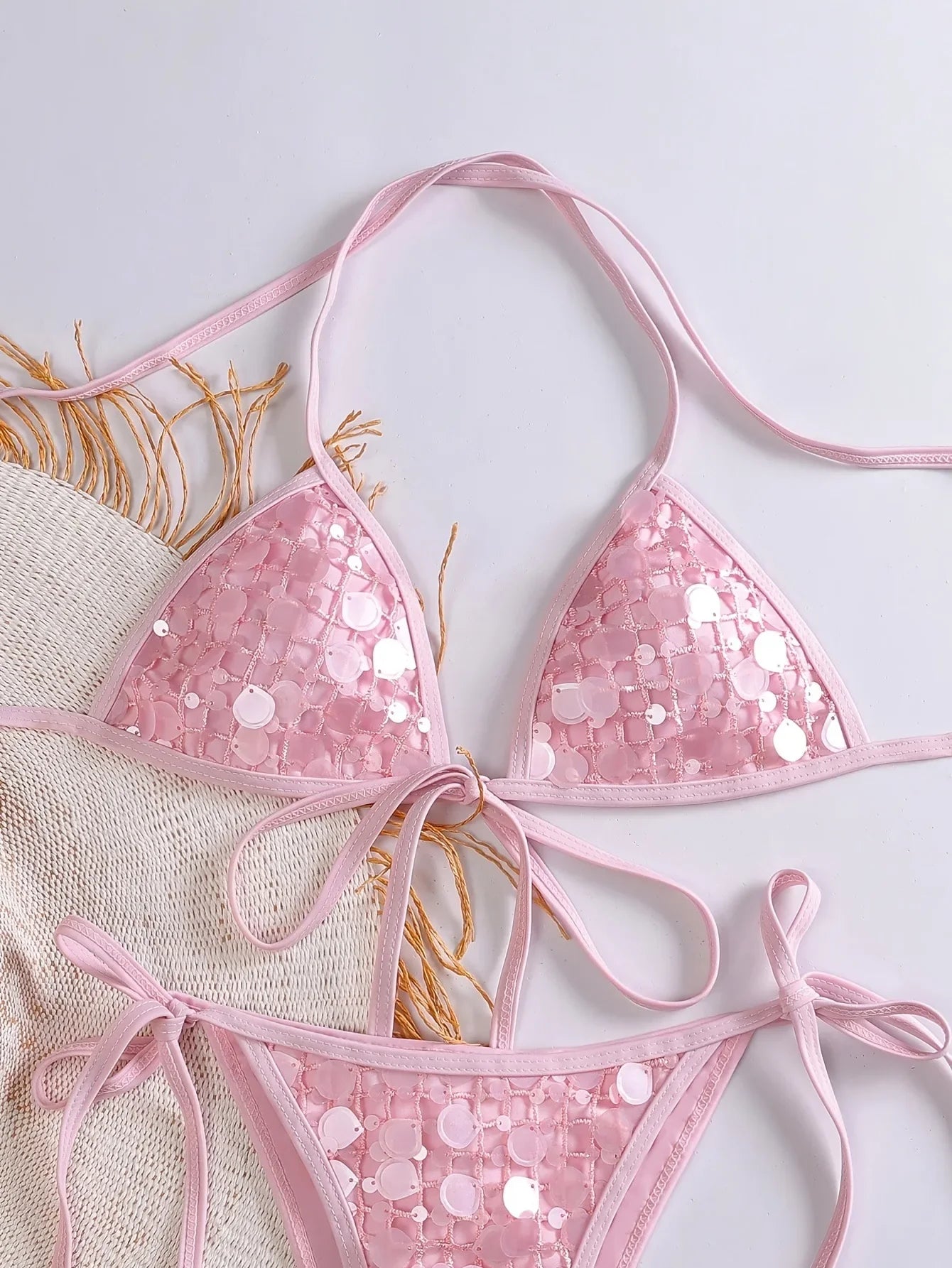 Sexy Sequin Pink Bikini Set 2026 Women Mesh Front Tie Push Up Bra Triangle Swimsuit Beach Bathing Suit Micro Swimwear Biquini