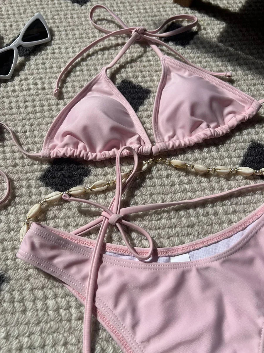 Halter Wrap Around Shell Decorated Bikini Women Swimwear Female Swimsuit Two Pieces Bikini Set Bathing Swimming Swim Suit Swim