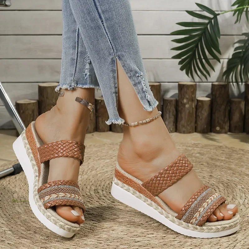 Bohemia Style Wedge Heel Sandals Women 2025 Summer Woven Platform Slippers Woman Lightweight Non Slip Thick Sole Casual Sandles
