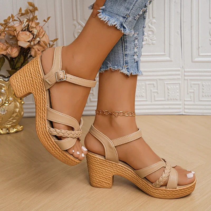 Summer High Heels Sandals Women 2025 Summer Ankle Buckle Platform Sandals Woman Pu Leather Square Heel Gladiator Sandalias Mujer