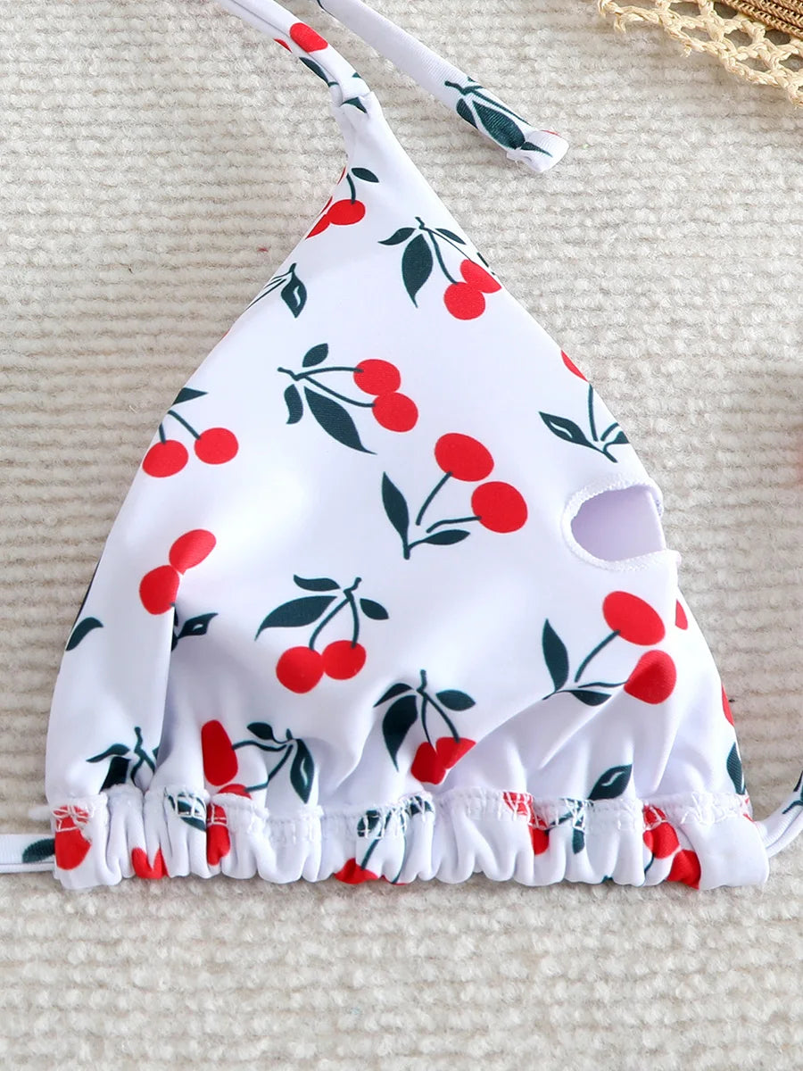 XS - L Cherry Print Halter Strappy Bikini Female Swimsuit Women Swimwear Two-pieces Bikini Set Tie Side Bather Bathing Suit Swim
