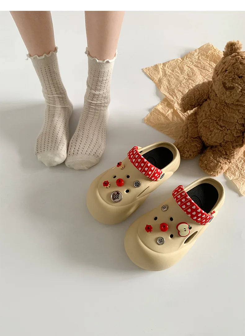 Women Fashion Clogs Indoor Street Slippers Cute DIY Apple Summer Autumn Platform Shoes Soft EVA Female Daily Walking Sandals