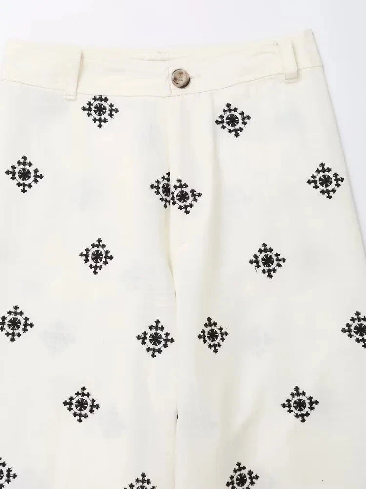 Foridol Geometric Embroidery Wide Leg Spring Summer Women Beige Long Pants Zip Fashion Trousers Pantalones De Mujer Autumn Pants