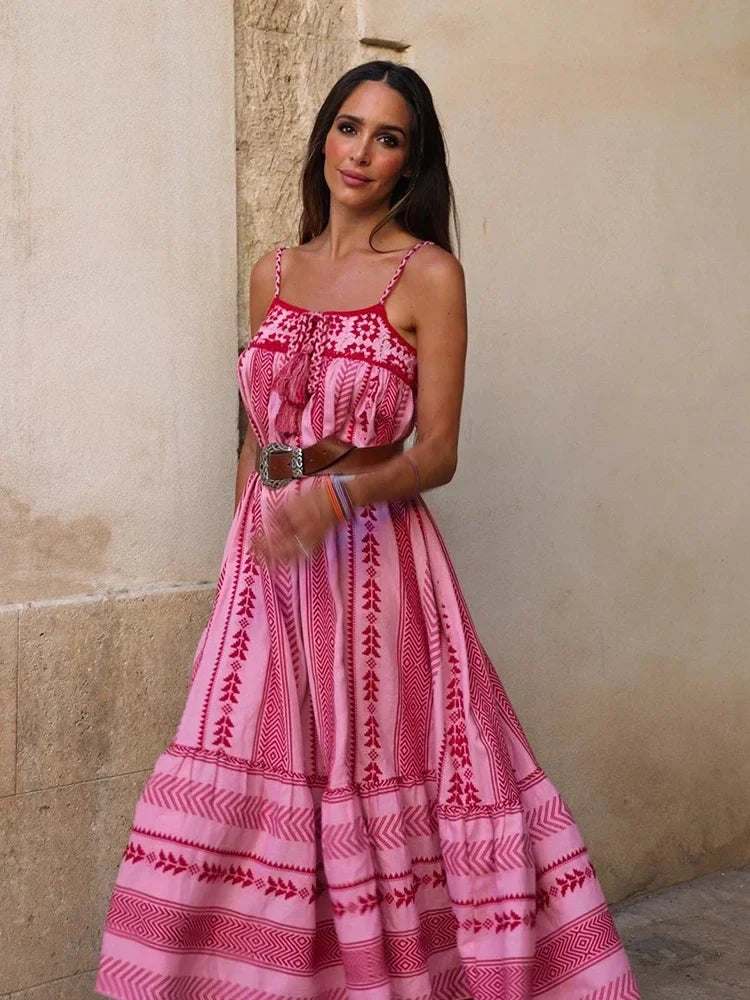 Foridol Crochet Bohemian Summer Dress for Women Spaghetti Strap Red Vintage Tassel Beach Dress Maxi Long Casual Sundress Autumn