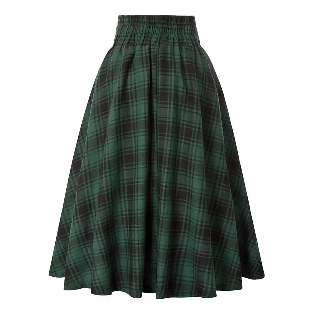 High Waist A-Line Skirt Women Midi Skirt Plaid Print Large Hem Design Autumn Winter Skirt Streetwear