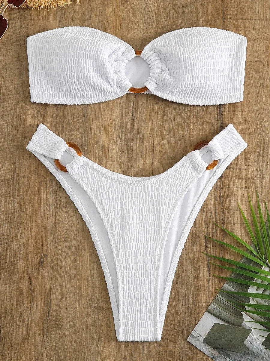 Ring Link Bandeau Bikini 2026 Women Brazilian Swimwear Female Sexy Swimsuit Solid Beachwear Bathers Bathing Swimming Swim Suit