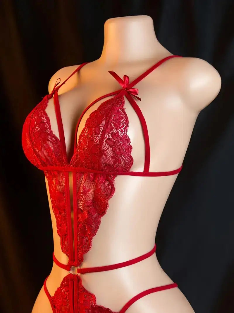 Crotchless Red Sexy Lingerie Women Lace Hollow Bra Set Erotic Costumes Teddy Baby Doll Dress Deep V Open Bra Sexiest Bodysuits