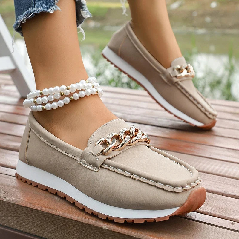 Fashion Metal Chain Soft Sole Flats Shoes Women Spring Autumn Pu Leather Platform Loafers Woman Slip On Non Slip Casual Shoes