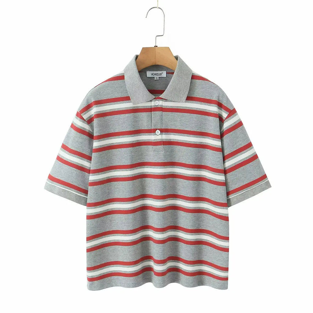Foridol Burgundy Striped Casual Women T-shirt Summer Loose Polo Shirts Buttons New Female Tops Blouse White Tops Spring Shirt