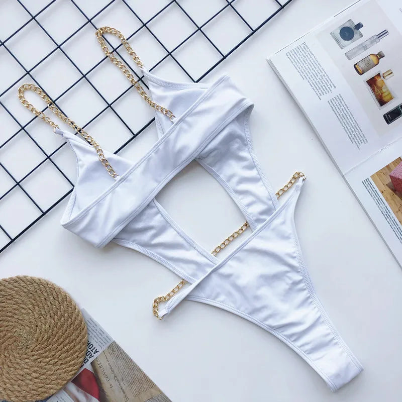 DEKA Chain Swimwear Women's New Hollow Out Metal One-piece Swimsuit High Elasticity Beach Vacation Style Halter Bikini Female