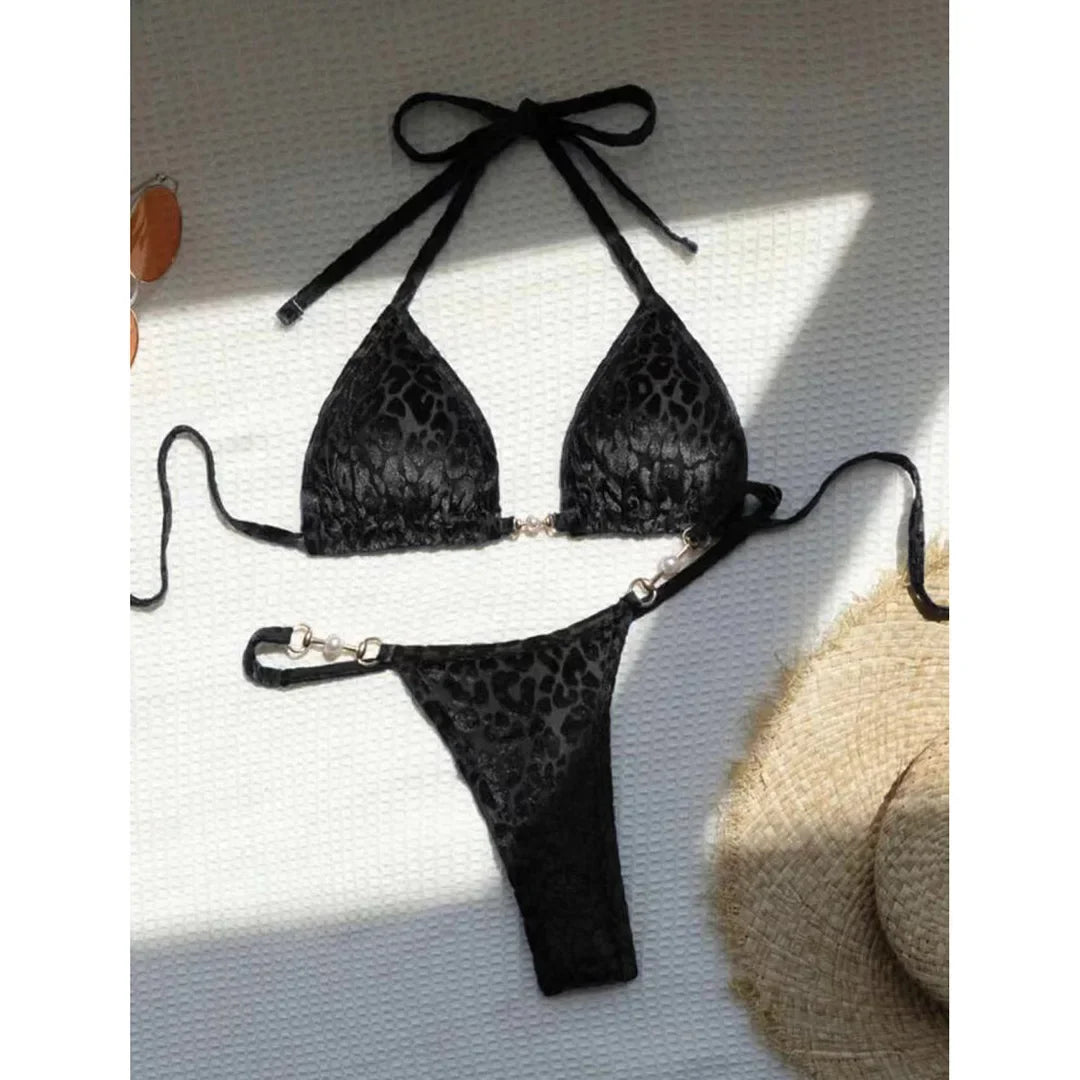 S - XL Leopard Pearl Mini Micro Thong Bikini Female Swimsuit Women Swimwear Two-Piece Bikini Set Bather Bathing Suit Swim V5207B