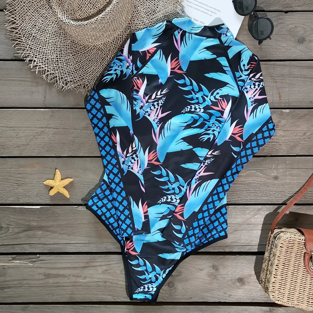 2025 New Patchwork Long Sleeve One Piece Swimsuit Women Swimwear Monokini Bathing Suit Female Bodysuit Surfing Swim Wear Beach