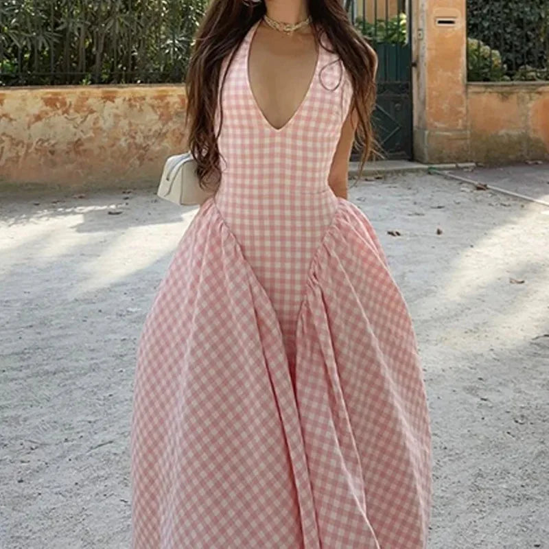 Elegant V-Neck Pleated Long Dresses Women High Waist Summer 2025 French Style Fashion V-neck Backless Lace-up Vacation Vestidos