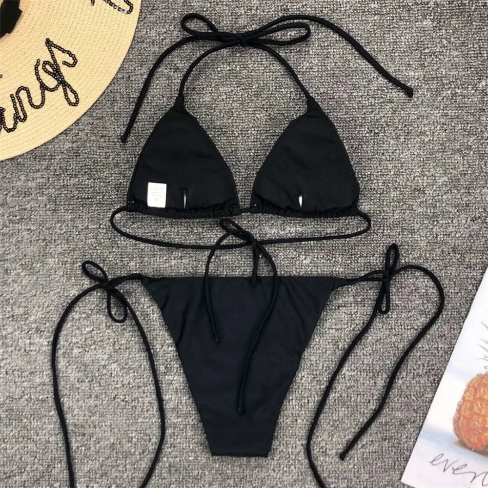 New Sexy Neon Pink Brazilian Bikini Women Swimwear Halter Swimsuit Female Two-Pieces Bikini Set Bather Bathing Suit Swim V1312