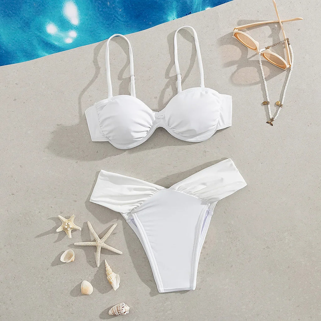 Sexy Pleate High Waist Bikini Set 2025 Women Halter Push Up Underwire Two Piece Swimsuit Summer Bathing Suit Swimwear Biquini