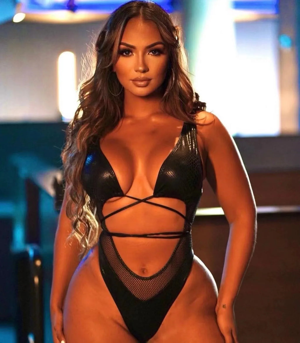 DEKA Women's Mesh Patchwork One Pieces Swimwear Sexy New Hollow Out High Cut Bandage Swimsuit Monokini Push Up Bikini