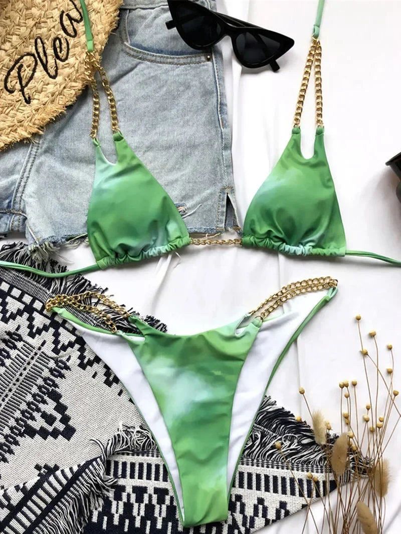 Sexy Cow Print Halter Metal Chains Brazilian Bikini Women Swimsuit Female Swimwear Two Pieces Bikini Set Bathing Suit Swim Lady