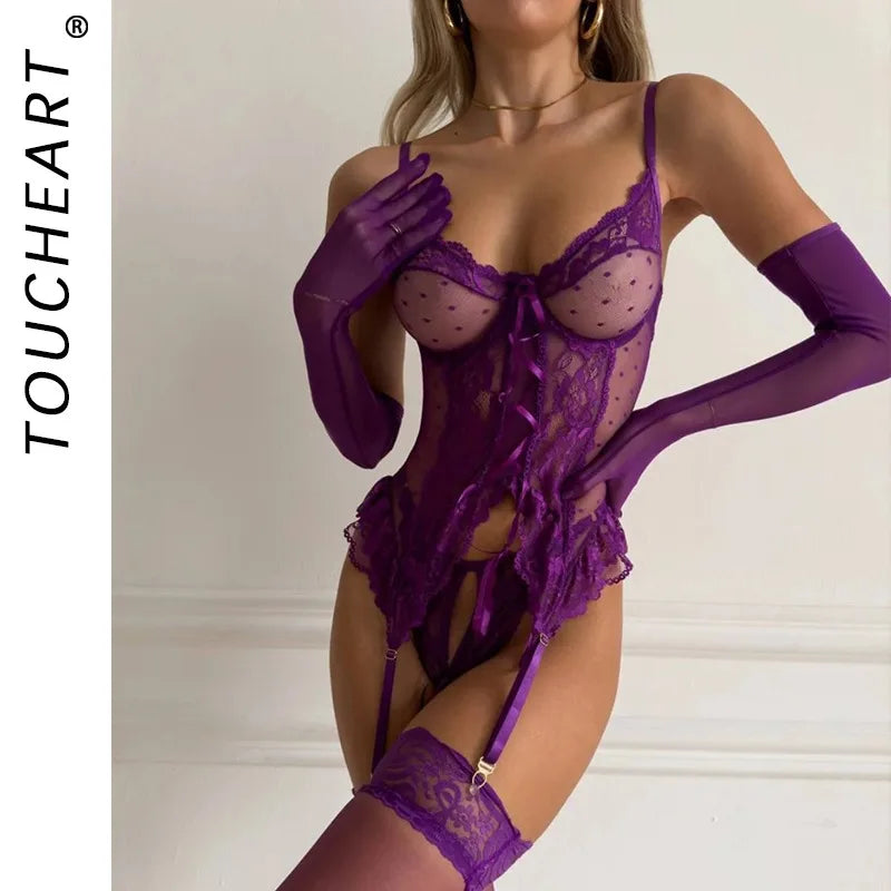 Toucheart Erotic Lingerie Sexy See-through Gather Together Bra Dots Embroidery Flirt Open Crotch Panty with Stockings Underwear