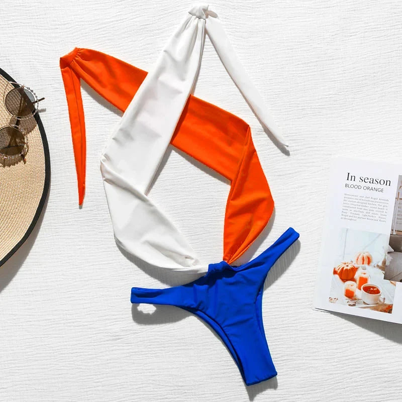 2026 Splicing Halter Female Thong Swimwear One Piece Swimsuit Women Backless Monokini Sexy Bather High cut Out Bathing Suit swim