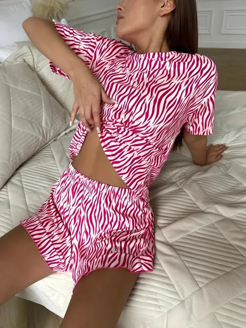 Leopard Print Pajama Set Casual Short Sleeve Top And Matching Elastic Shorts Stylish Comfortable For Ladies Summer Loungewear