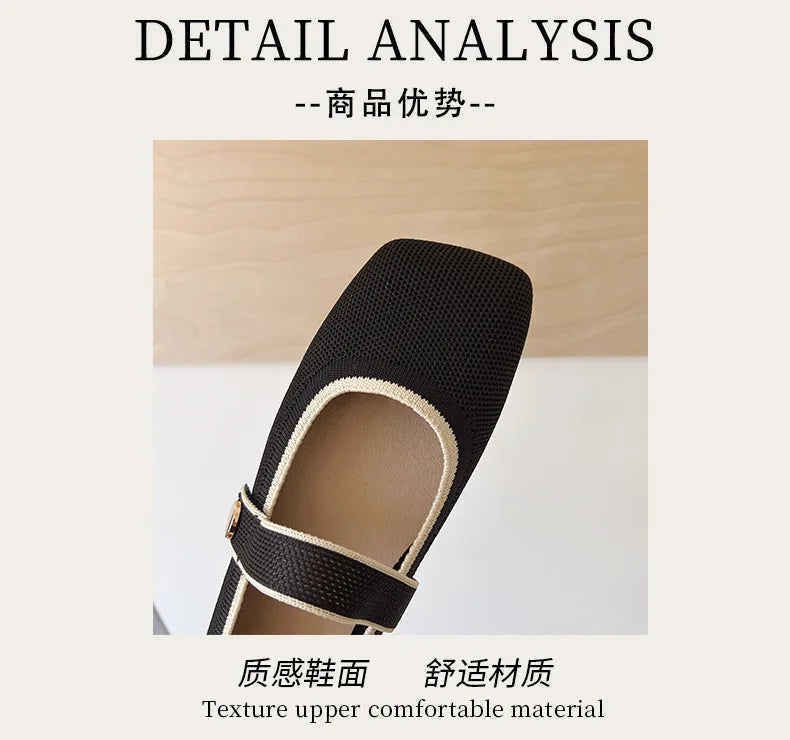 2026 New Mary Jane Shoes Woman Summer Autumn Leisure Flats Breathable Knitted Square Toe Female Daily Walking Driving Flat Shoes