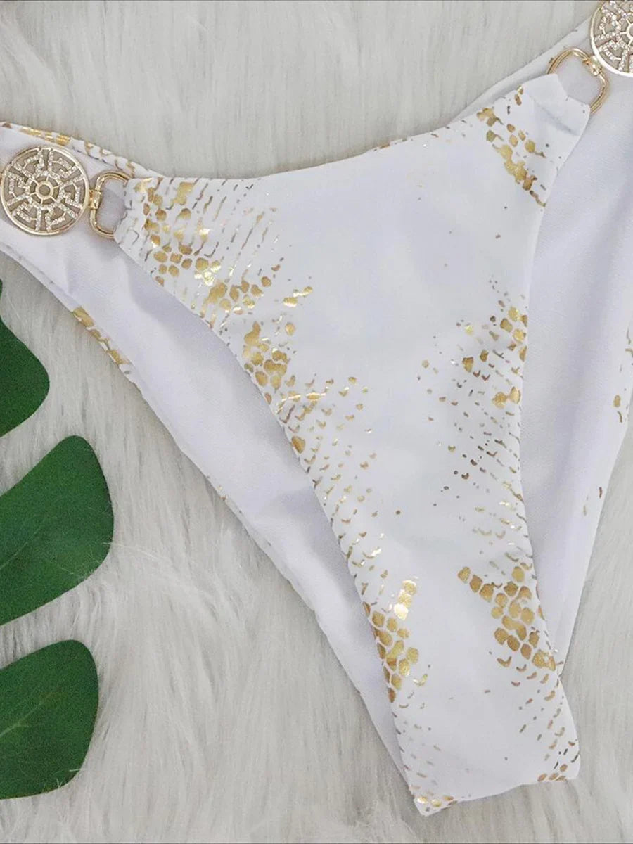 Snake Print Halter Diamond Bikini 2025 Women Swimwear Female Swimsuit Two-piece Bikini Set High Cut Bathing Suit Swim Beach Wear