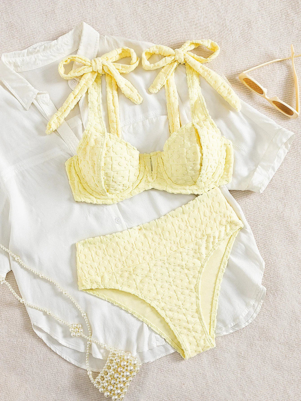 Sexy yellow bikini set 2026 women tie strap push up underwire high wiast swimsuit summer bathing suit two piece swimwear biquini