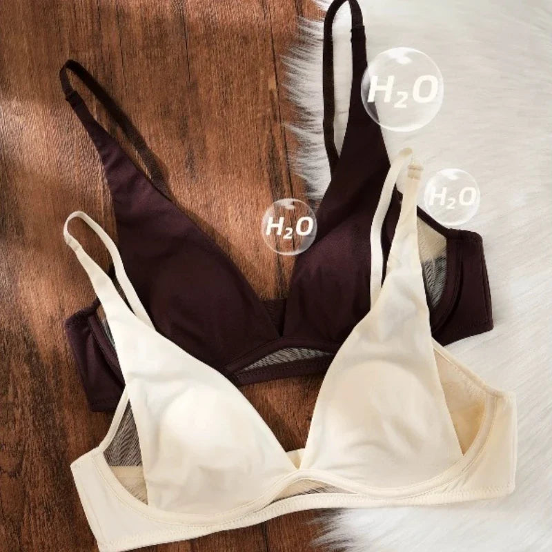 French Triangle Bra Rabbit Ear Cup, Deep V Wireless Bralette for Small Bust, No Gap Sexy Lingerie Set, Breathable Summer Thin