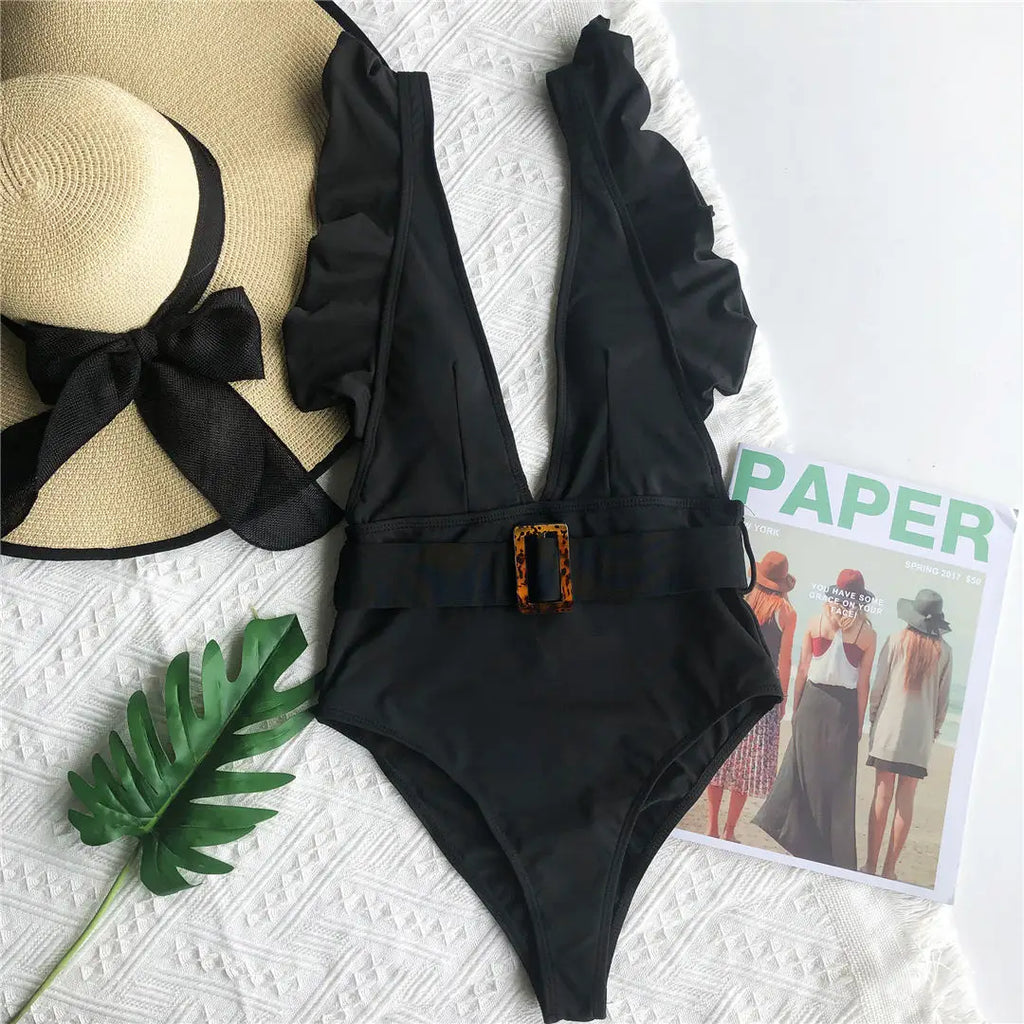 New Sexy Ruffled White Deep V One Piece Swimsuit Women Swimwear Female With Belt Monokini Bather Bathing Suit Swim Lady V2198