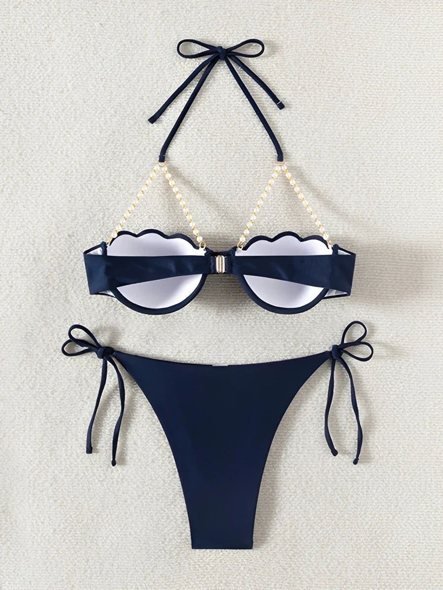 Halter Solid Bikinis 2026 Women Sexy Shell Swimsuit Push Up Pearl Swimwear Female Bathers Bathing Swimming Swim Suit Beachwear
