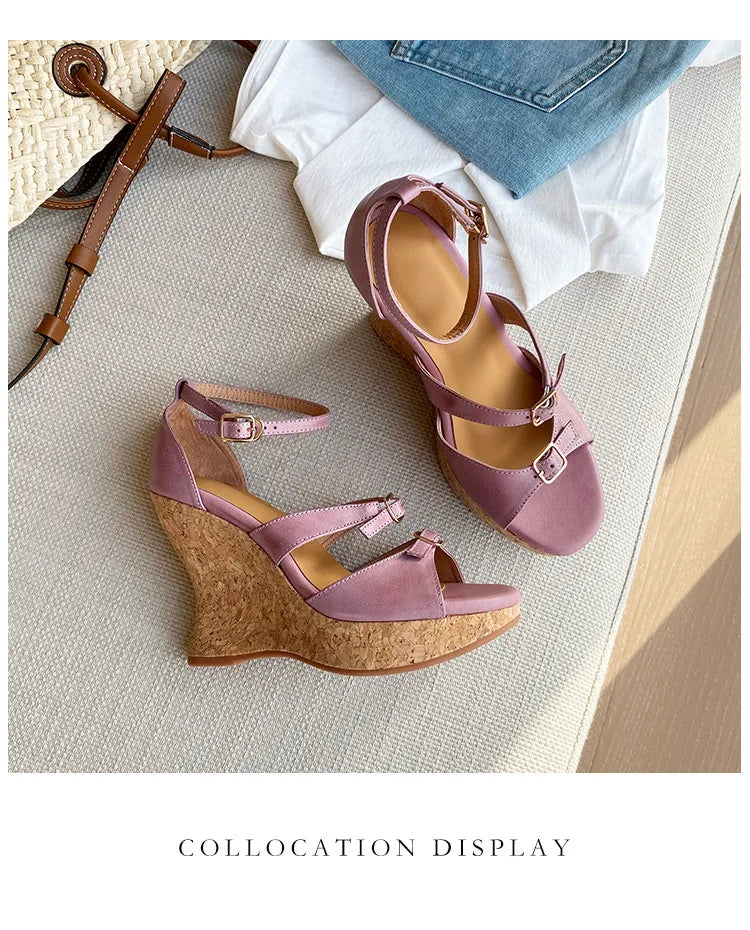 Women’s Sandals Cowhide Shoes Thick Platform Heel Sandals Elegant Lady Summer Apricot High Heel Peep Toe Buckle Sandals