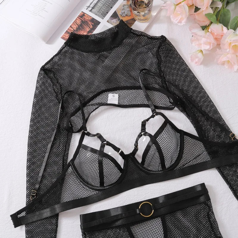 Toucheart Sexy Lingerie Set For Women Hollow Mesh See-through Sexy Temptation Free Underwear Long Sleeves Garters Lingerie Set