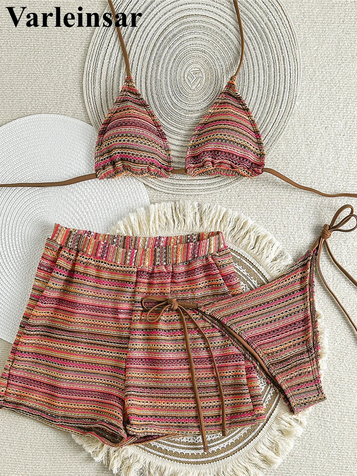 Striped Halter High Cut With Shorts Bikini Three-pieces Bikini set Female Swimsuit Bathing Suit Women Swimwear Bather Swim V6326