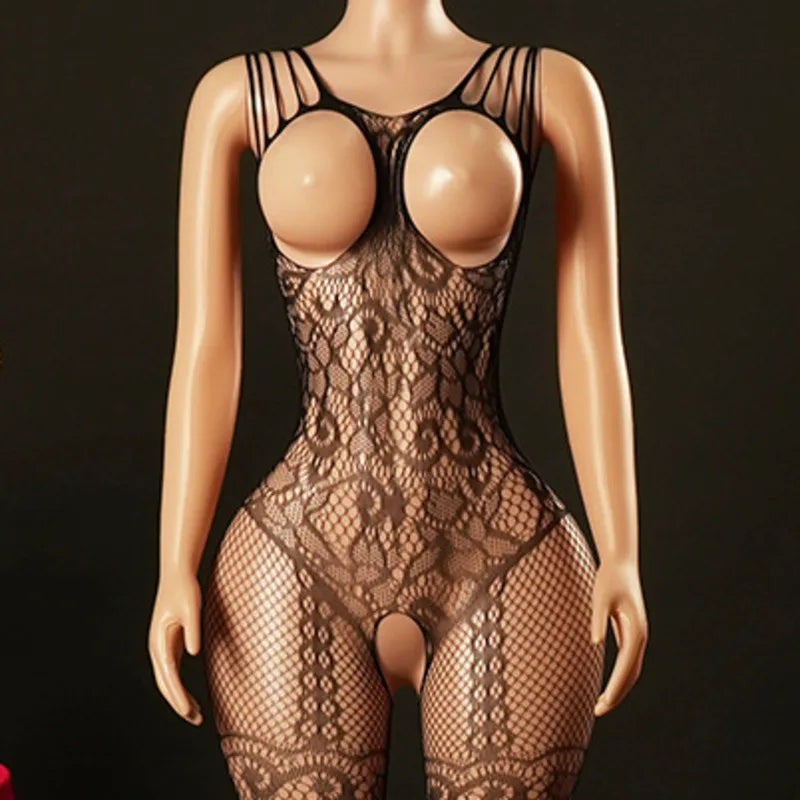 Sexy Bodysuit With Hollowed-out Chest Mesh Sexy One-piece Jacquard Open-crotch Halter Neck Backless Deep V Sleeveless Charm 57AF