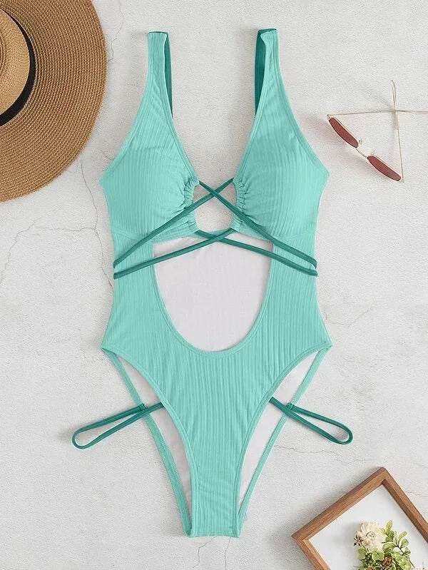 New Sexy One Piece Swimsuit Swimwear Women Pit Striped Hollow Backless Cross Straps Solid Beachwear Bathing Suit Banadores Mujer