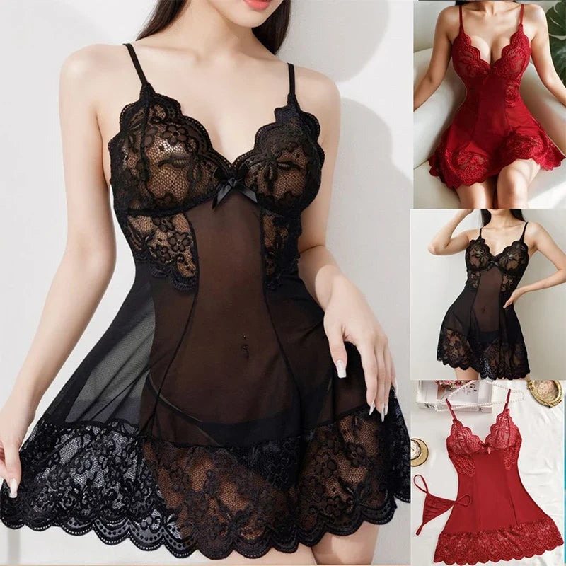 Contrast Lace Ruffle Trim Lingerie Pajamas Set See Through Ultra-thin Women Pajamas Deep V-neck Lace Sleepwear Sexy Pajamas