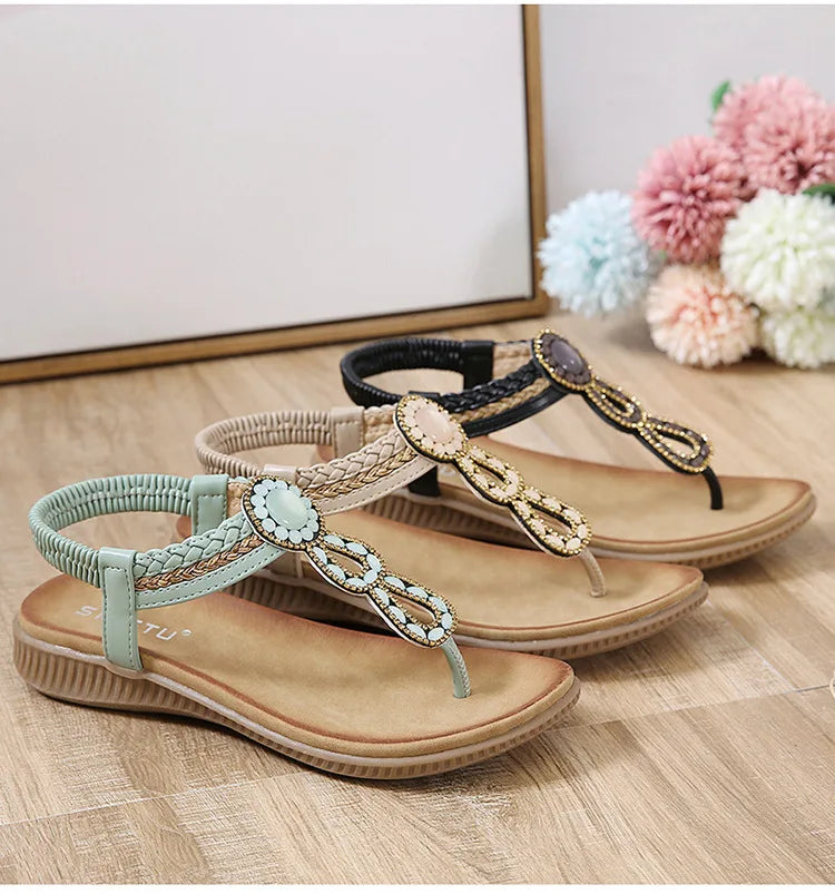 2026 New Shoes for Women Bohemia Crystal Sandals Women Shoes Rhinestone Lady Flip Flops Pearl Slip on Flat Beach Shoes