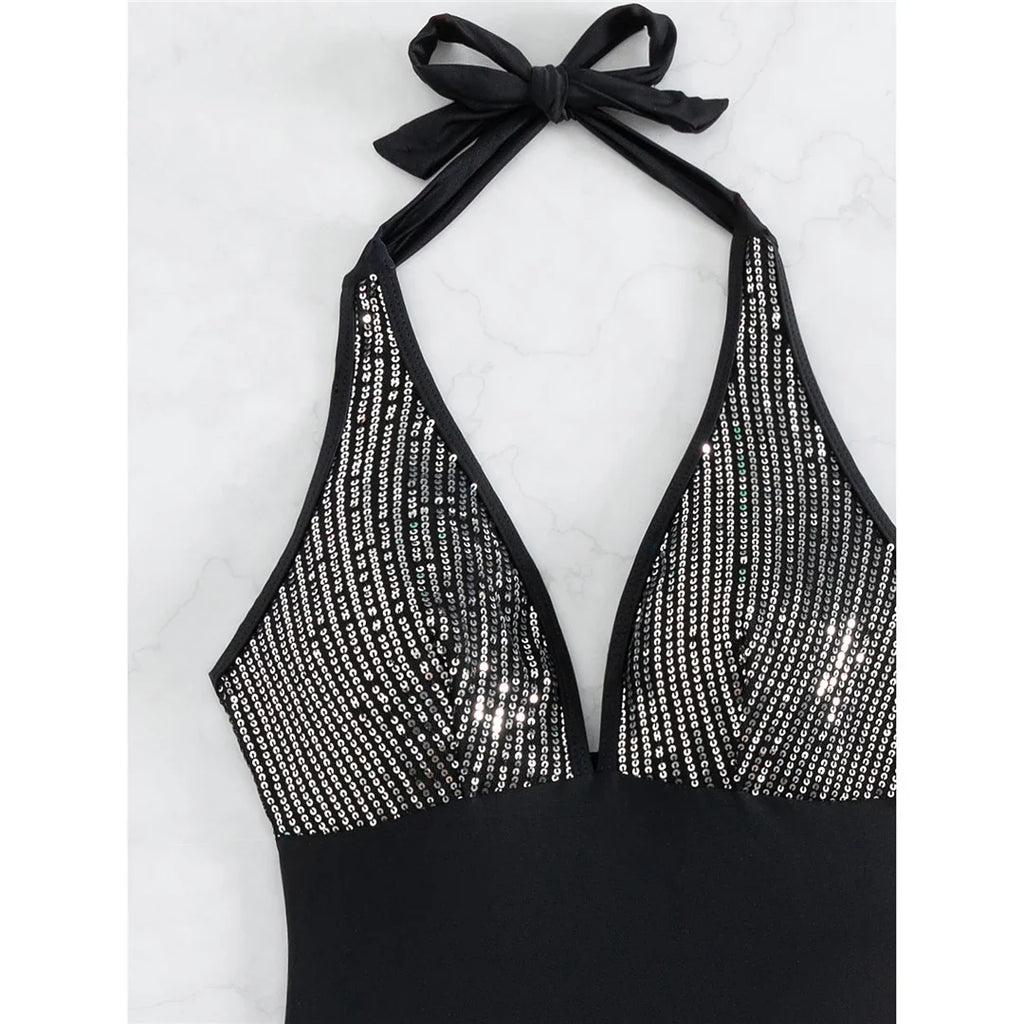 Sexy Shiny Sequins Deep V Backless Monokini Halter Women Swimwear One Piece Swimsuit Female Bather Bathing Suit Swim Lady K4996