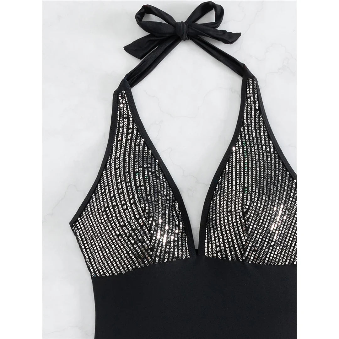 Sexy Shiny Sequins Deep V Backless Monokini Halter Women Swimwear One Piece Swimsuit Female Bather Bathing Suit Swim Lady K4996