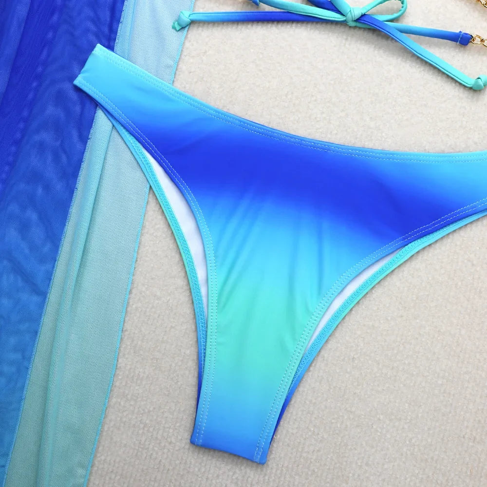 3 Pieces Thong Bikini Set 2026 Swimsuit Women & Kimono Swimwear Sexy Gradient Metal Criss Cross Bathing Suit Cover Up Bikinis
