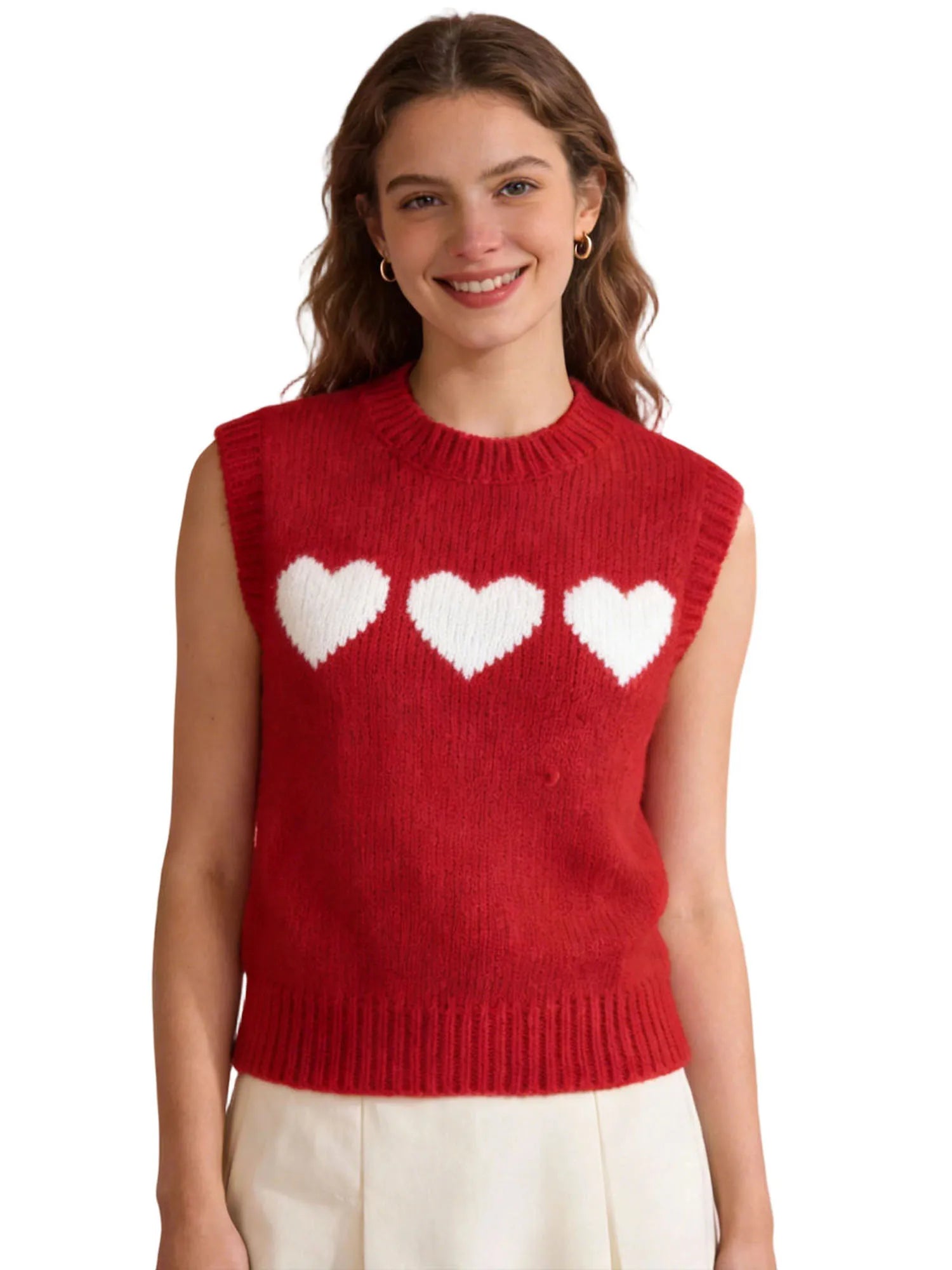 Women 2026 Sleeveless Crew Neck Pullover Fashion Daily Wear Top Cute Heart Print Pink Knitted Vest
