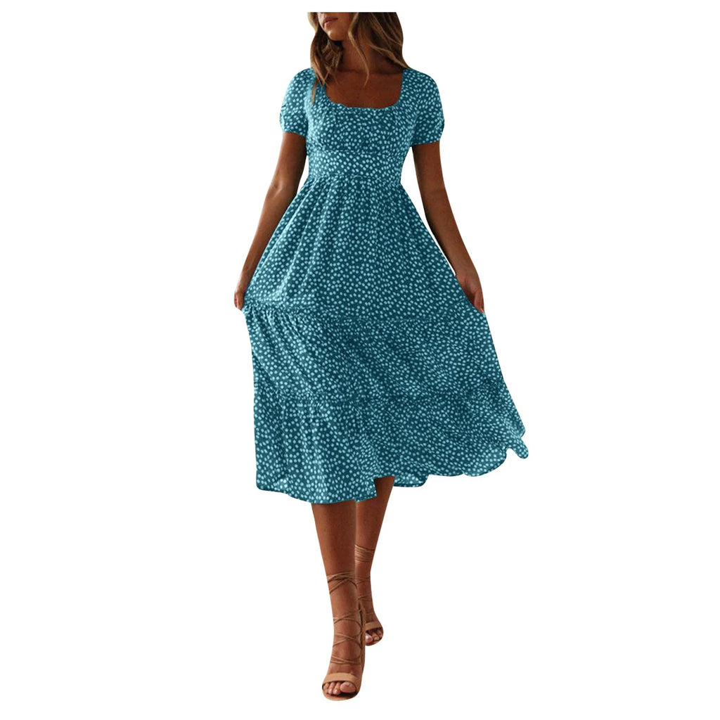 Women'S Summer Dress Fragmented Flower Flare Short Sleeve Casual Flowy Midi Dresses Elegant Temperament Party Vestidos 2024 Hot
