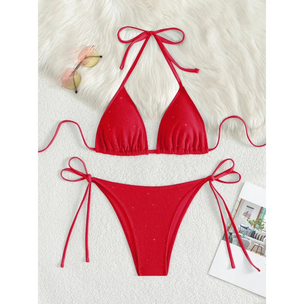 Glitter Sparkling Halter High Leg Cut Bikini Female Swimsuit Women Swimwear Two-pieces Bikini set Bather Bathing Suit Swim V5501