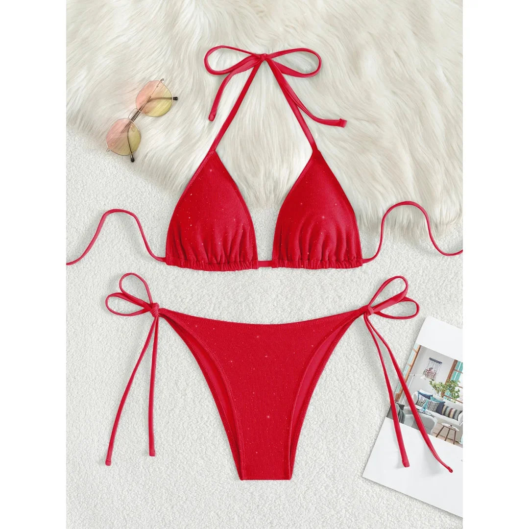 Glitter Sparkling Halter High Leg Cut Bikini Female Swimsuit Women Swimwear Two-pieces Bikini set Bather Bathing Suit Swim V5501