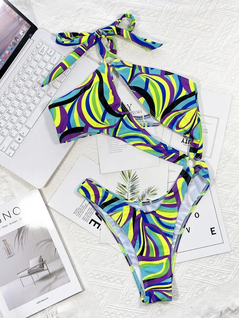 2026 New Sexy One Piece Swimsuit Swimwear Women Print Hollow Halter High Waist One-piece Bathing Suit Beachwear Banadores Mujer
