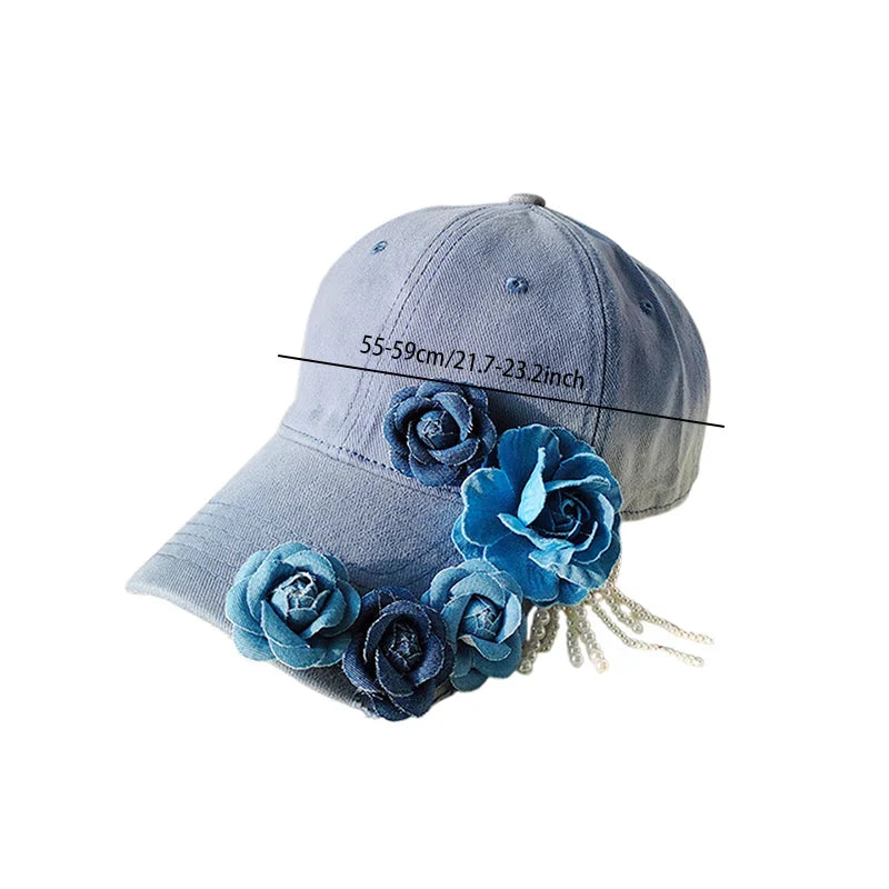 Women 3D Flower Sun Hat Breathable Sun Protection Denim Baseball Hat Holiday Outdoor Travel Cap