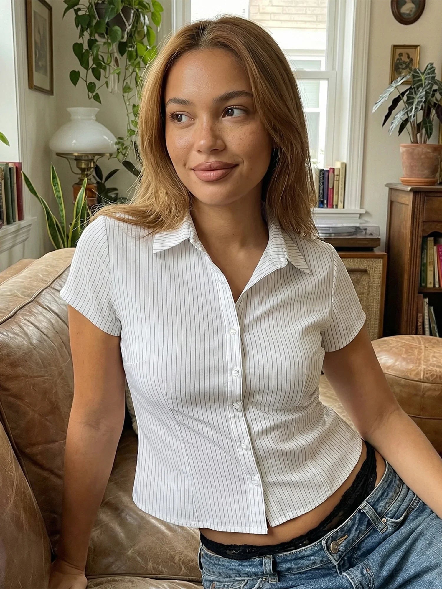 Women Button Down Slim Fit Striped Shirt Fashionable Summer Short Sleeve Turn Down Collar Tops for Casual Daily Wear